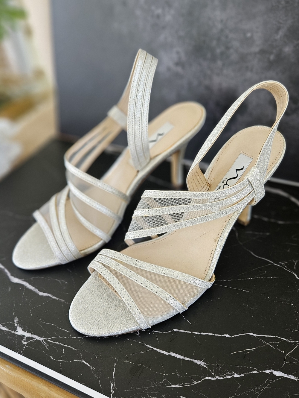Nina Silver Strappy Slingback Heels - Elegant Evening Sandals Sz 7.5